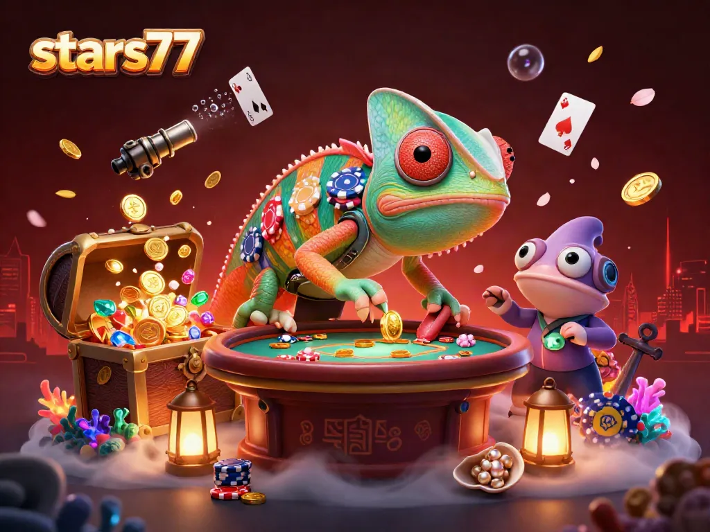 Permainan menarik di stars77 dengan chameleon kasino yang memikat dan tumpukan koin emas.