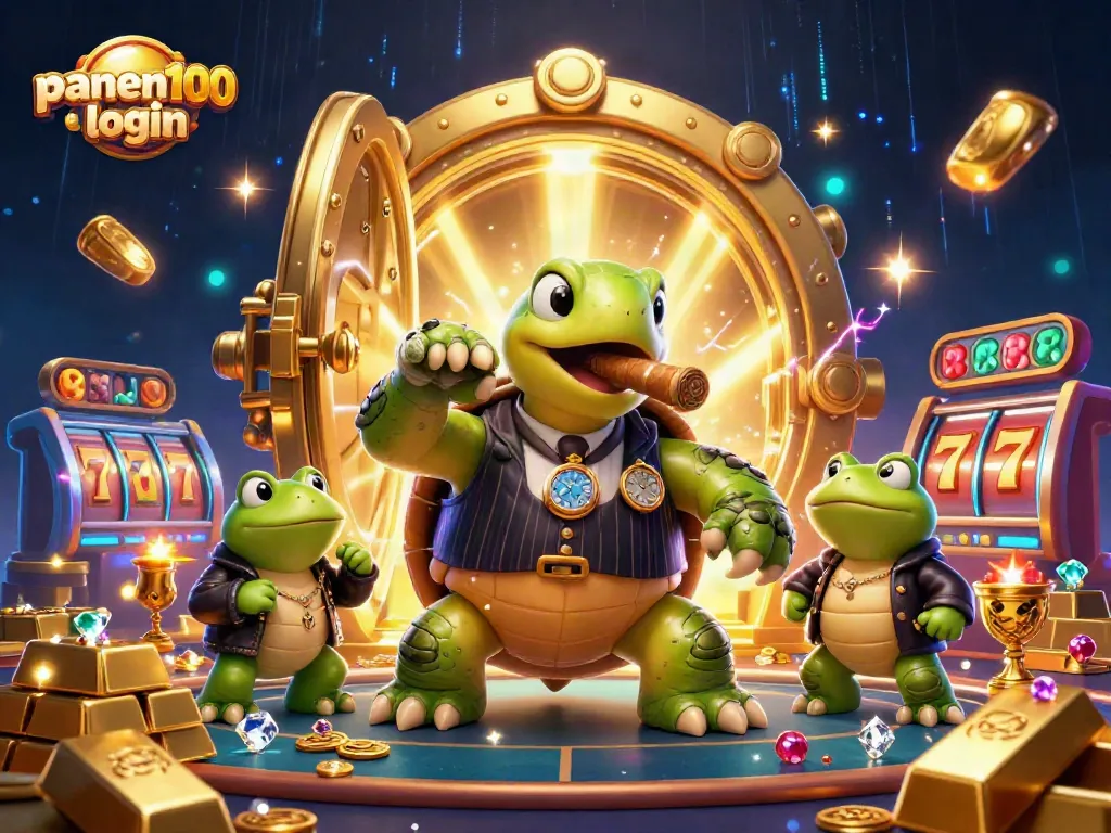 Engage with panen100 login featuring a vibrant casino scene with animated characters and treasure elements.