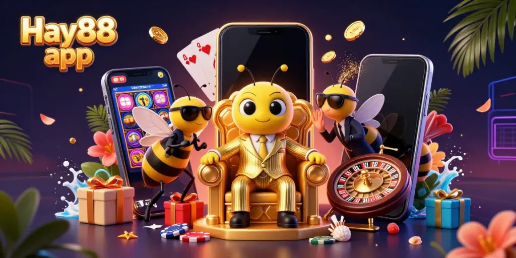 Engage with the Hay88 app through an energetic scene featuring a bumblebee mob boss amidst casino elements.