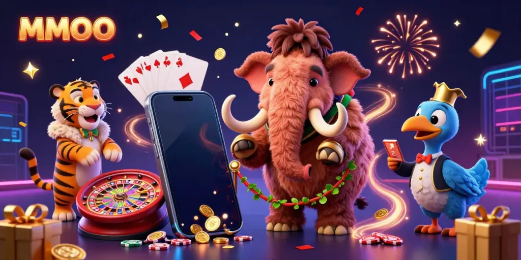 Engage with MMOO's thrilling casino experience as a mammoth bouncer checks IDs while a saber-tooth tiger VIP enjoys colorful slots.