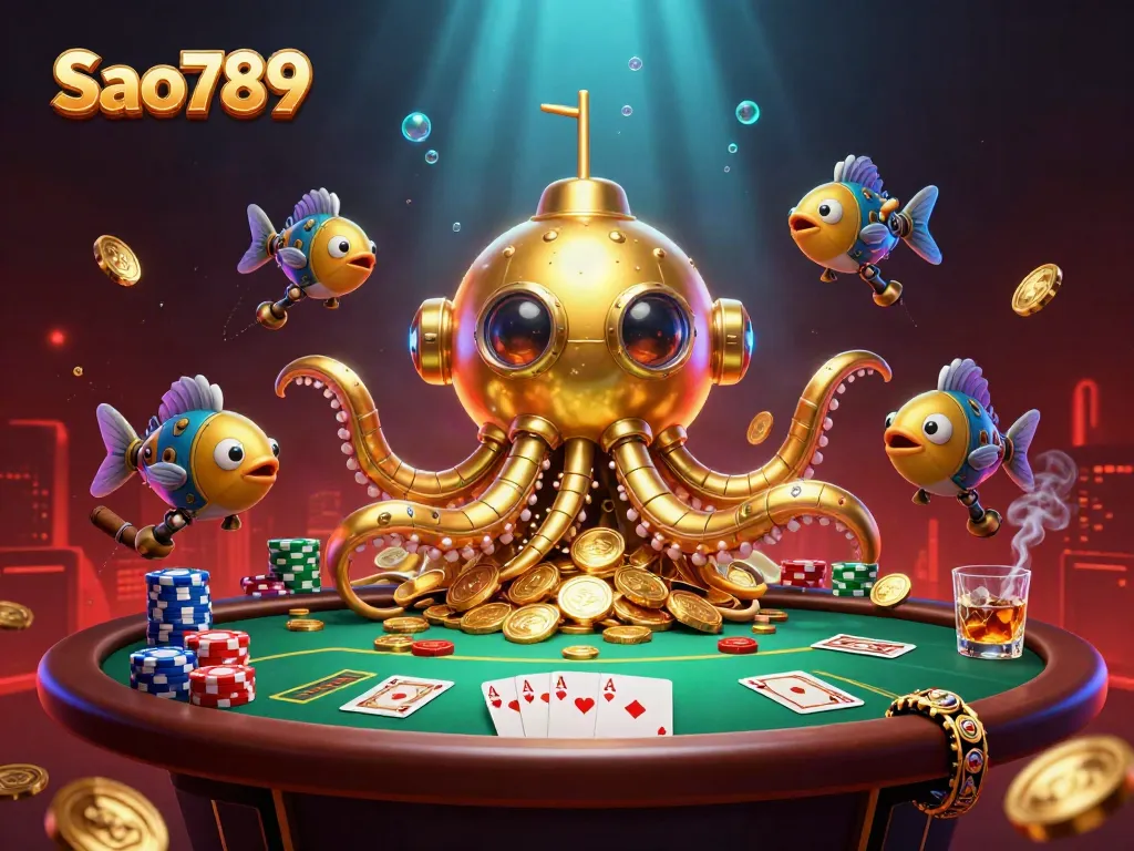 Engage with Sao789's vibrant casino experience featuring a golden kraken submarine and poker elements.