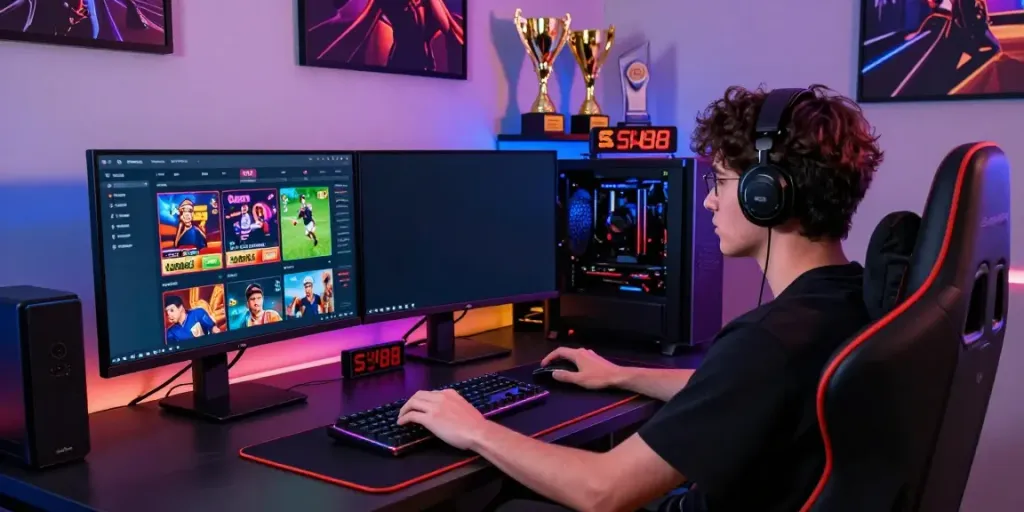 Dynamic online gaming experience on the SV88 platform with dual monitors and vibrant lighting.