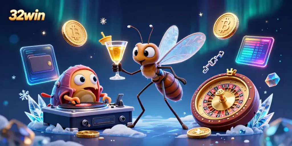 Engage in thrilling adventures with 32win as a frozen mosquito mascot delights in casino glamour.