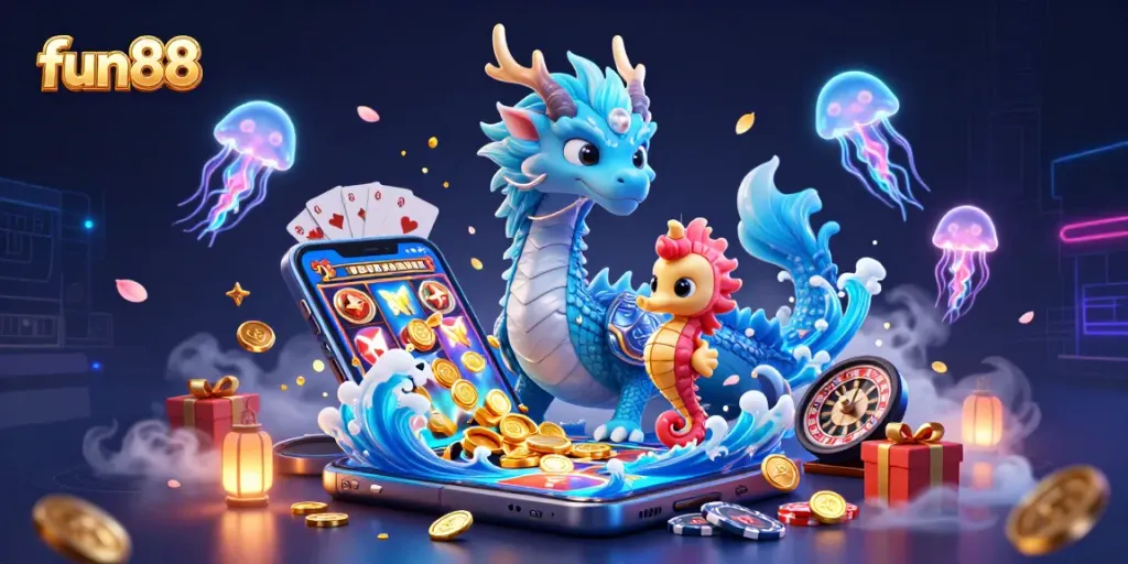 Experience exhilarating wins at fun88 with an enchanting 3D dragon and vibrant gaming elements.