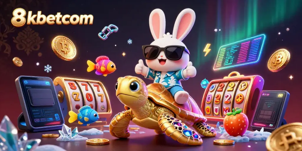 Experience the excitement of gambling with 8kbetcom's vibrant 3D illustration featuring a lucky rabbit, sea turtle, and crypto coins.
