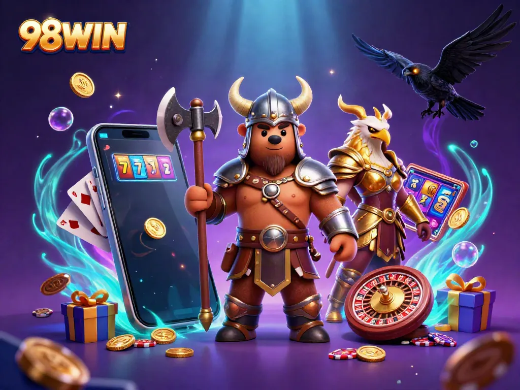 Experience thrilling slots action with 98WIN, featuring a Viking bear and a Valkyrie eagle.