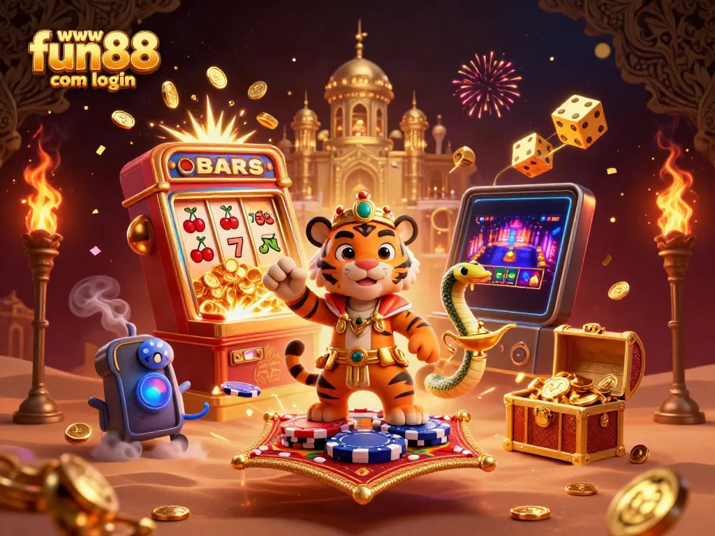 Experience the excitement of www fun88 com login with our vibrant casino-themed illustration featuring a tiger sultan.