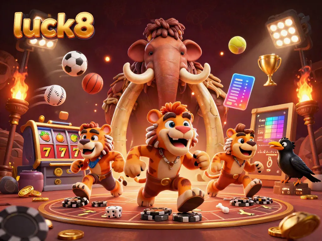 Engage with luck8's thrilling 3D casino scene featuring cavemen, casino elements, and vibrant energy.