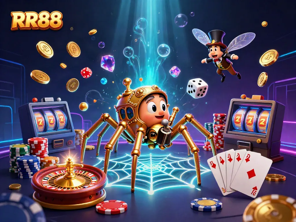 Experience the thrilling world of RR88 with a steampunk spider catching dice in its web among sparkling gems and casino elements.