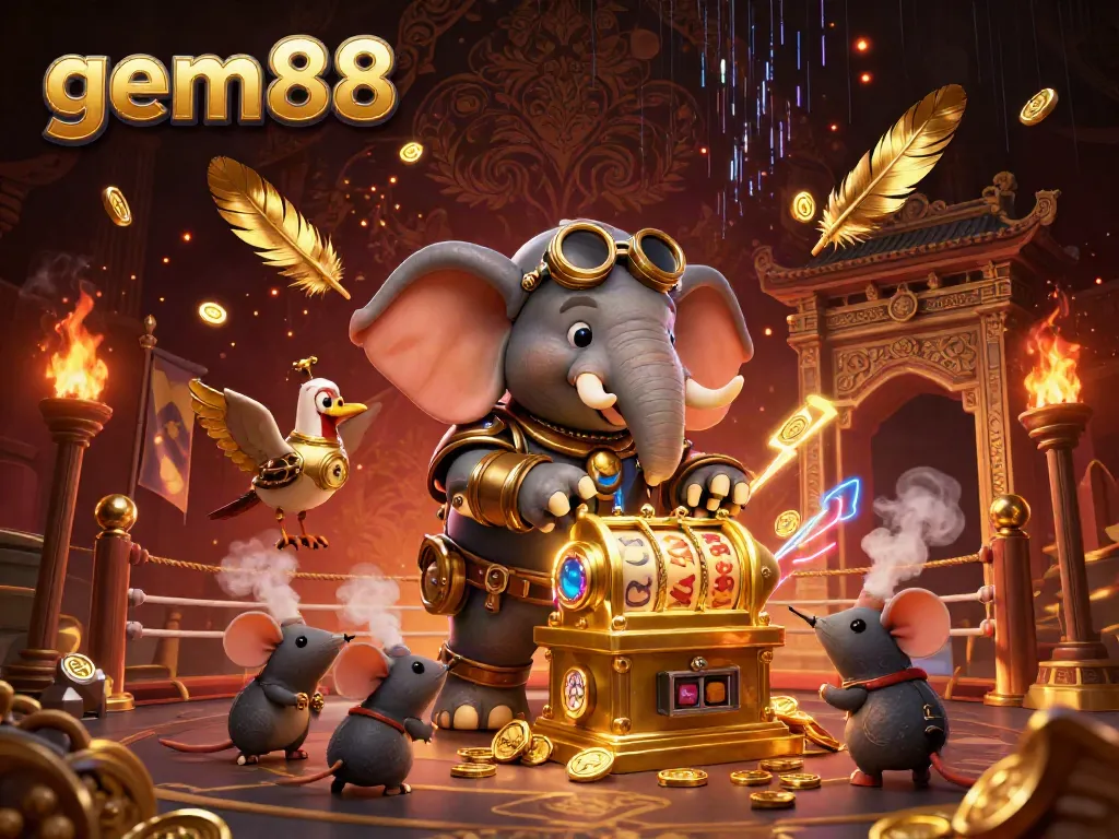 Spin the golden slot machine at gem88 with an enchanting elephant engineer amidst vibrant casino elements.