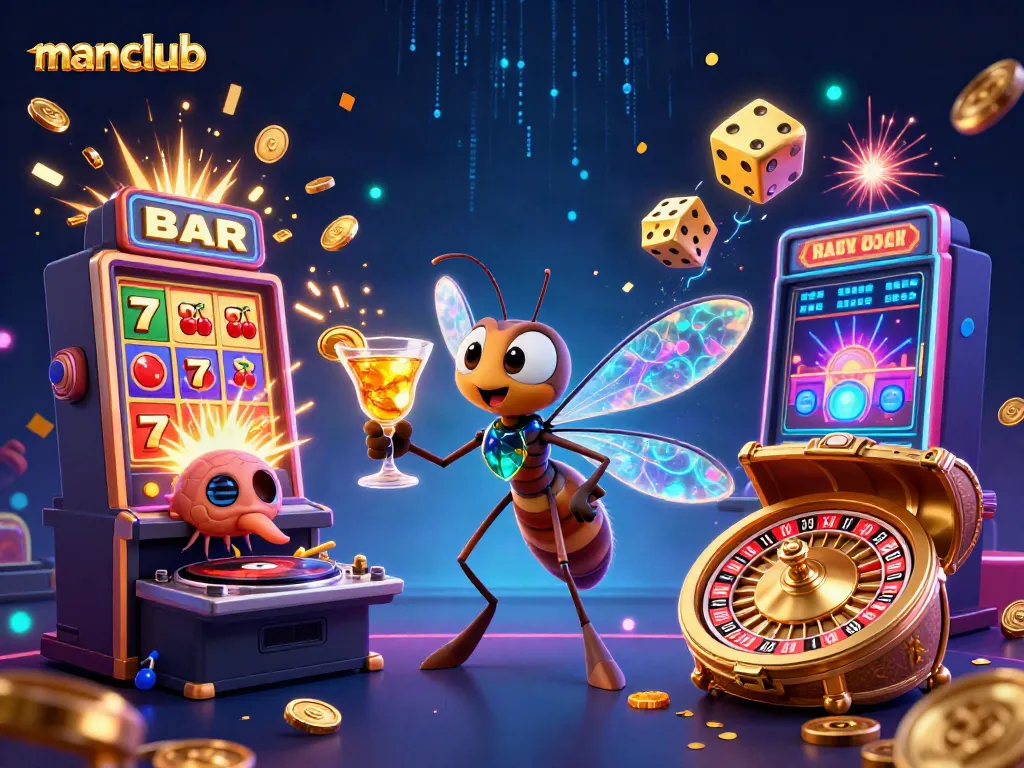 Experience thrilling gameplay at Manclub with a vibrant casino scene featuring a playful mascot, dynamic games, and spectacular wins.