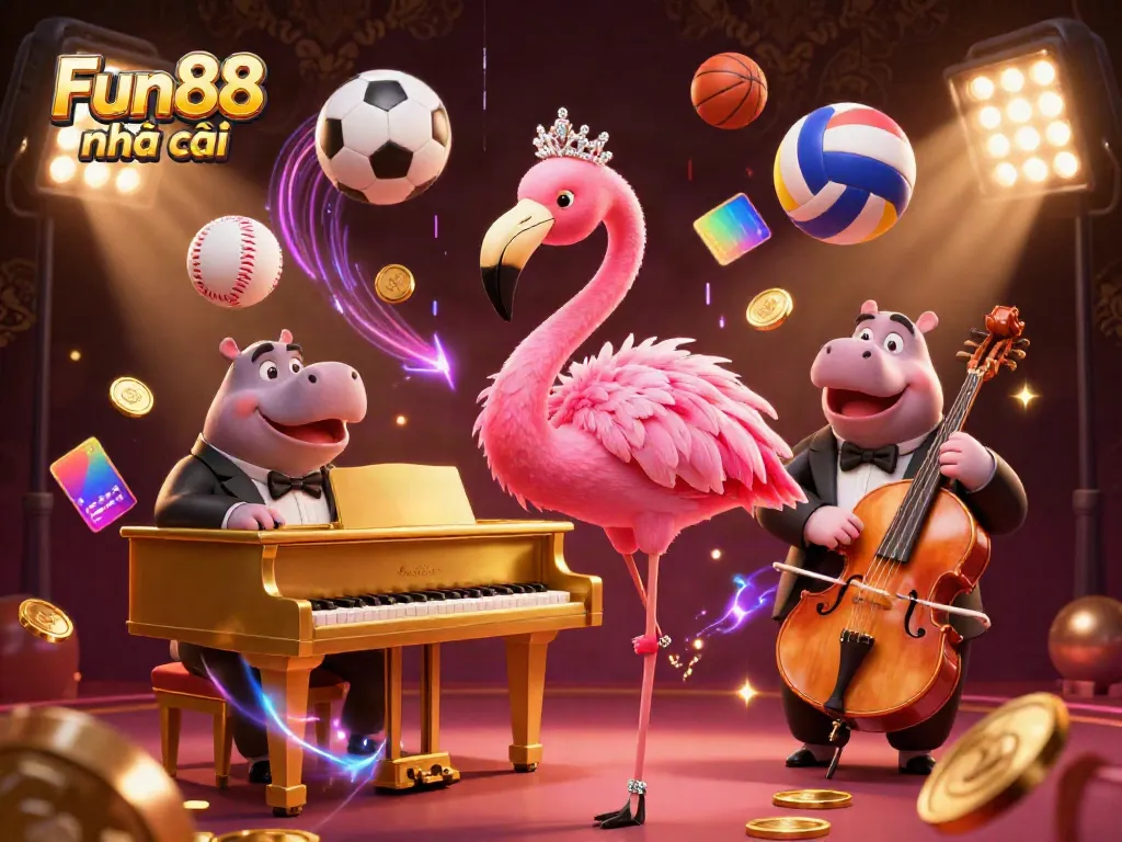Experience excitement at Fun88 nhà cái with a vibrant 3D casino scene featuring a flamingo singer and hippo bassist.