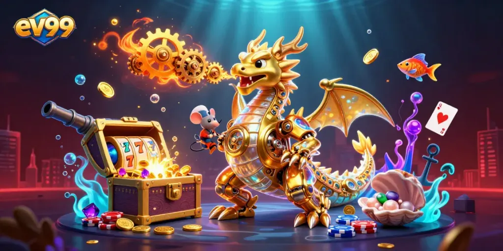 Witness the dynamic scene of a golden dragon at the ev99 casino, surrounded by vibrant slot reels and treasure.