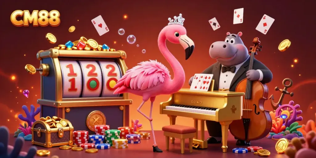 Experience the excitement of CM88 with vibrant casino visuals, featuring a flamingo singer and hippo bassist.
