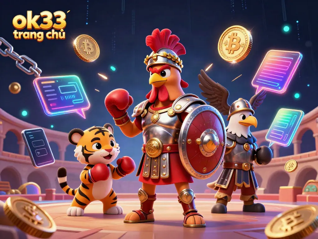 Engage with the dynamic ok33 trang chủ gaming scene featuring a gladiator rooster and crypto elements.