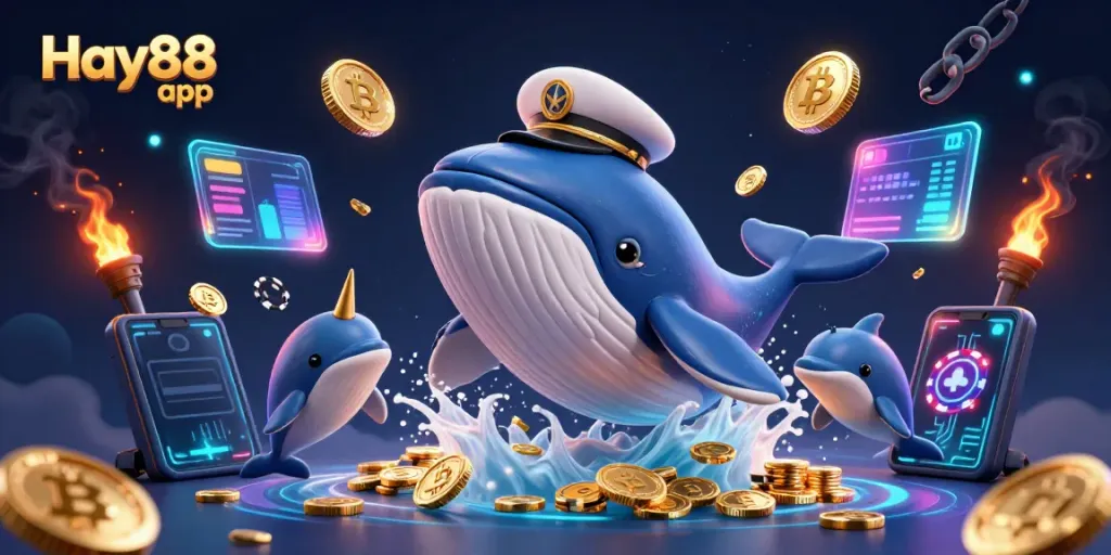 Spin the reels with Hay88 app, featuring a cartoon whale and vibrant casino elements.