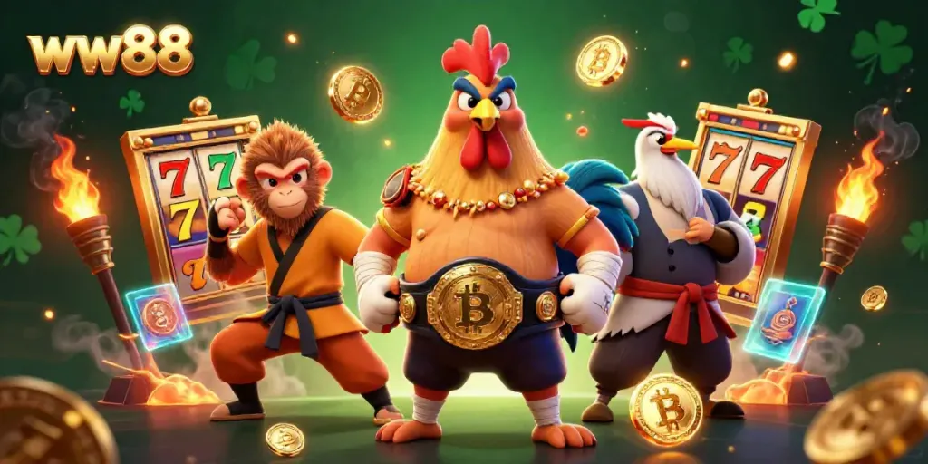Experience thrilling jackpots with ww88 in this vibrant 3D casino illustration featuring martial artists and gaming elements.