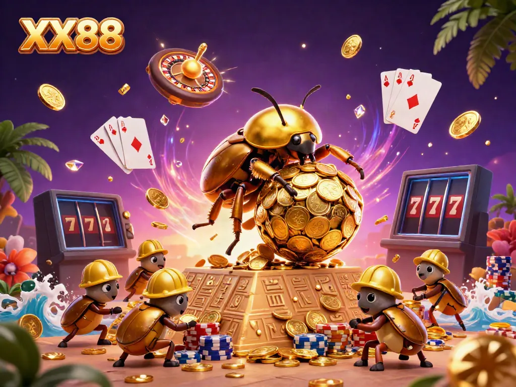 Engage in dynamic gameplay at XX88 while the golden dung beetle rolls casino riches.