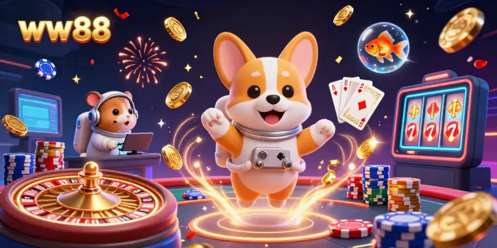 Experience the excitement of playing at ww88 in a vibrant 3D space casino, featuring floating characters and dynamic gaming elements.