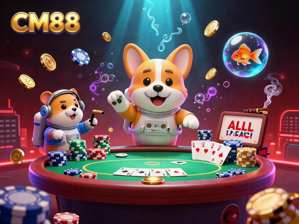 Experience the excitement of CM88's casino with a vibrant scene featuring a floating corgi, poker chips, and colorful game elements.