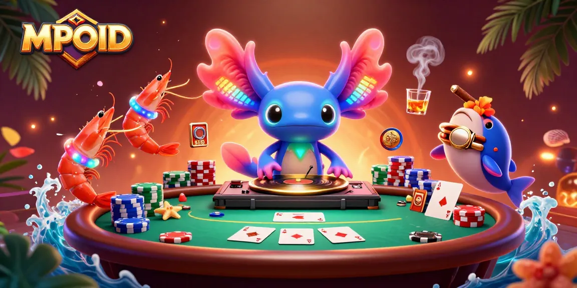 Play in MPOID's vibrant casino scene with an animated axolotl DJ and poker excitement.