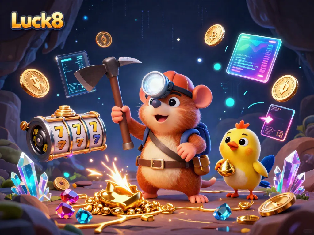 Engage with Luck8 in thrilling mining adventures with treasure-hunting characters amidst glowing casino elements.
