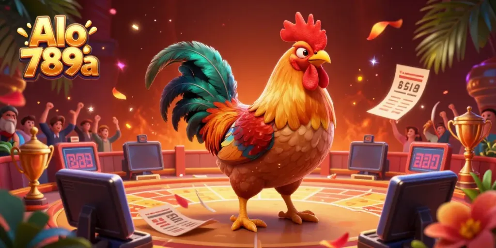 A fierce rooster competes in Alo 789a's vibrant cockfighting arena, surrounded by dynamic betting slips and cheering fans.