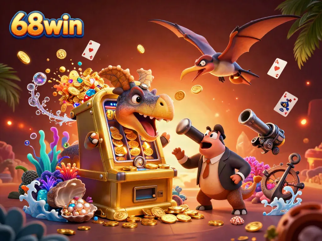 68win showcases a pachycephalosaurus hitting a slot machine, with colorful coins flying around in a vibrant casino setting.