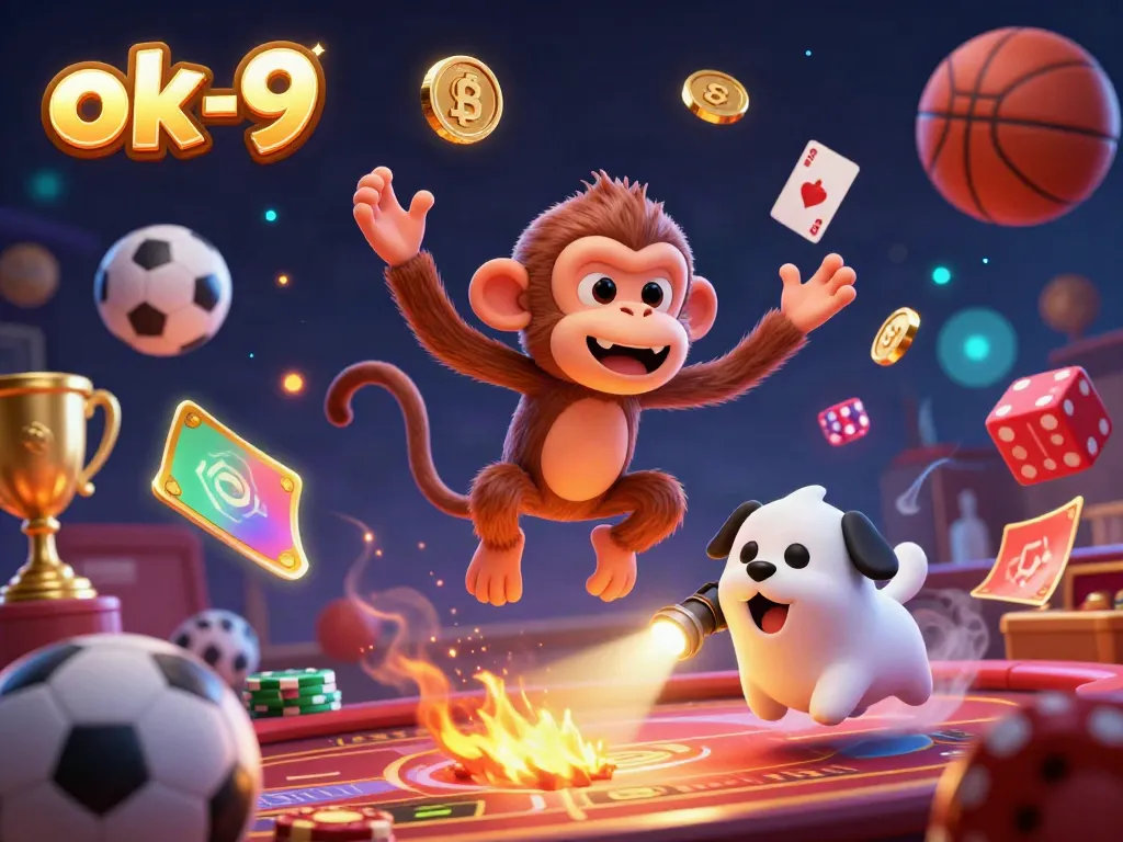 Engage in thrilling action at ok-9, featuring a ghost-hunter puppy tracking a playful poltergeist monkey juggling golden objects in a haunted casino atmosphere.