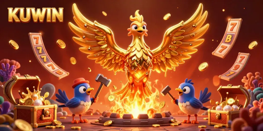Experience the thrill of KUWIN with vibrant 3D elements showcasing golden jackpots and treasure.