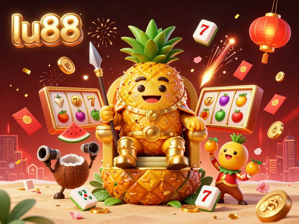 Experience the thrilling action of lu88 with vibrant casino elements surrounding a golden pineapple king.