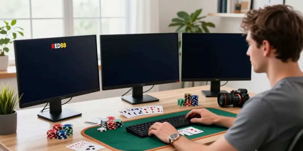 Online gamer engaging with RED88, showcasing lively casino atmosphere.
