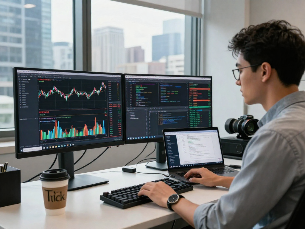 Developer utilizing HK stock historical Kline API in a modern tech workspace, showcasing real-time market data integration.