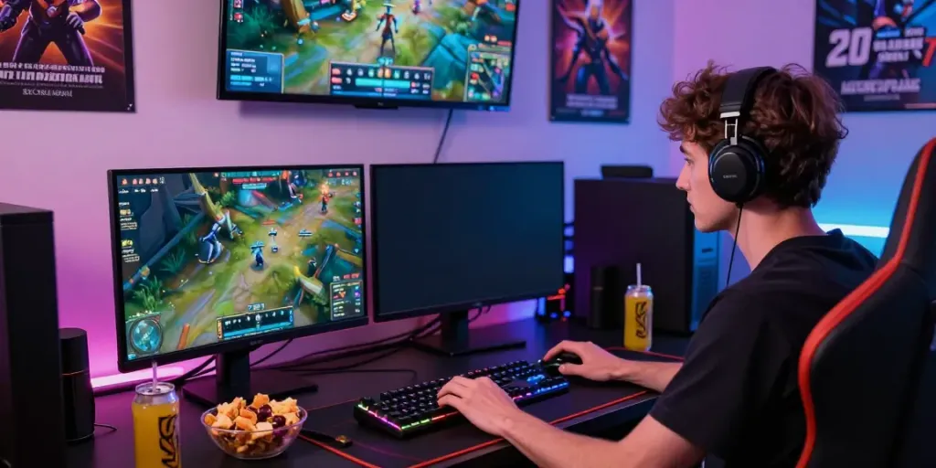 Engaged gamer at https://ku88vt.com/ streaming esports with vibrant setup and dual monitors.