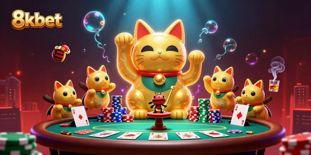 Engage with 8kbet's immersive casino experience featuring a playful lucky cat made of fireflies.
