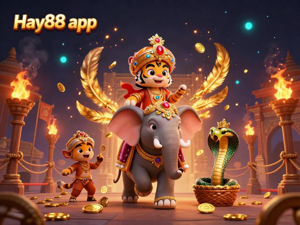 Experience the thrill of the Hay88 app with a vivid 3D illustration of gaming elements and characters.