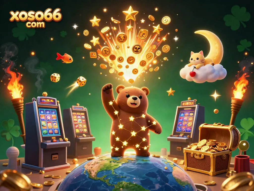 Experience the excitement of gaming with xoso66 com as golden stars gather coins and vibrant symbols burst from a slot machine.