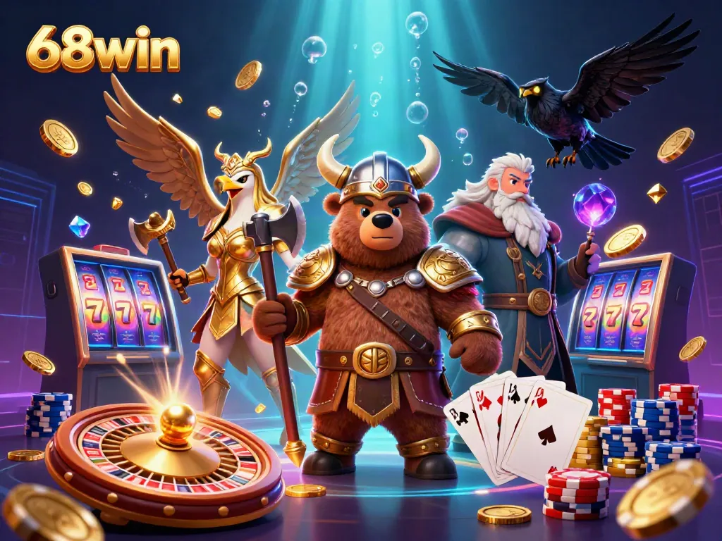 Experience thrilling gaming action at 68win with a Viking bear and Valkyrie amidst sparkling casino treasures.
