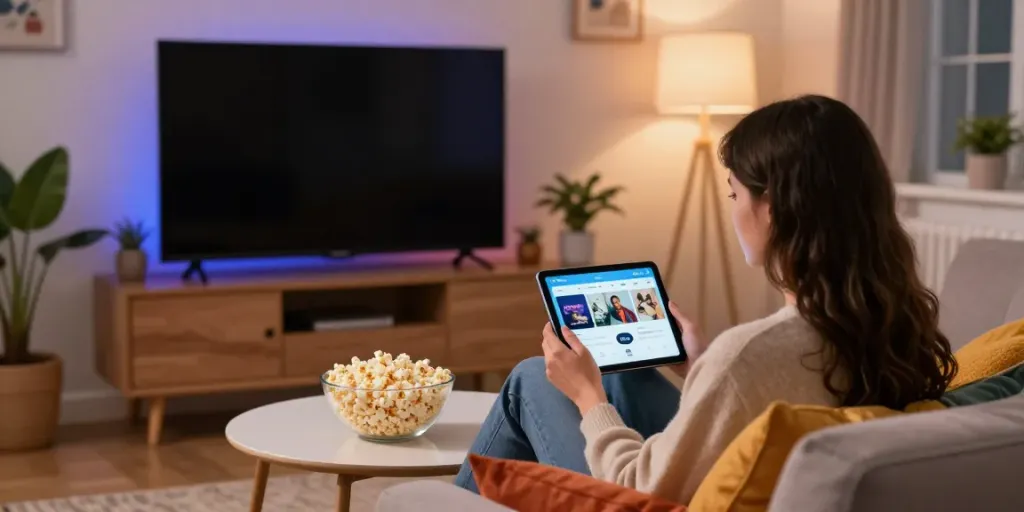 Enjoying Cocoflix streaming movies on a tablet in a cozy living room setting.