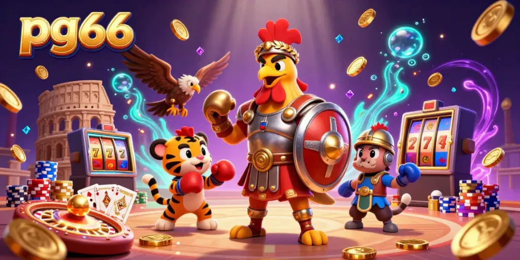 Experience thrilling gameplay at pg66 with a dynamic gambling scene featuring a gladiator rooster and vibrant casino elements.