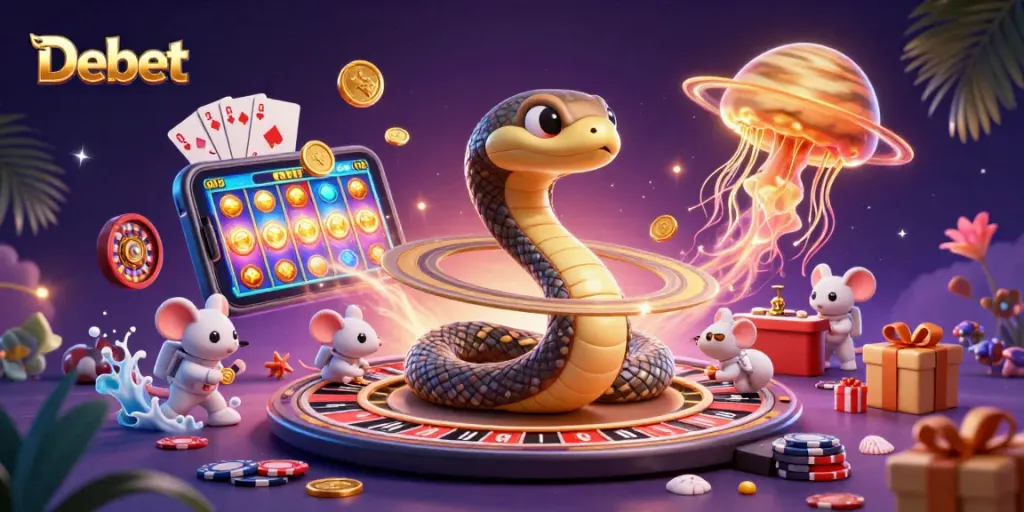 Debet-themed cosmic casino illustration with astronaut mice betting, roulette wheel, and vibrant game elements.