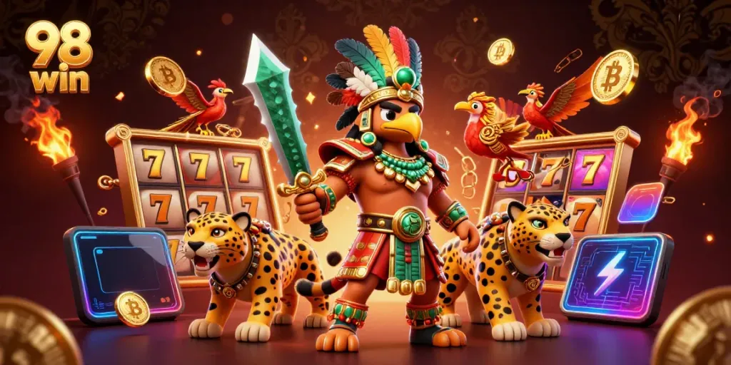 Engage with dynamic 98 win gaming experience featuring Aztec warriors and neon crypto elements.