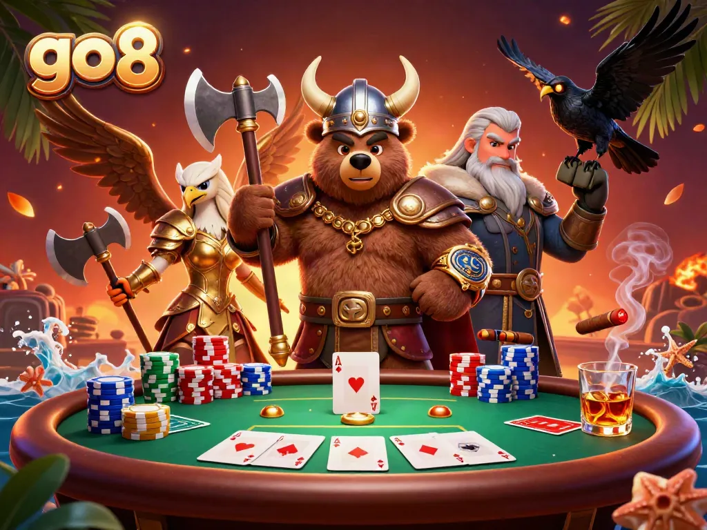Engage in exciting gameplay as the go 8-themed Viking bear and Valkyrie eagle dominate the poker scene.
