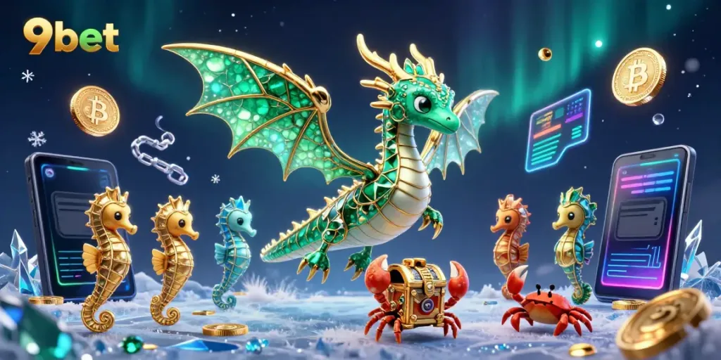 Experience thrilling gameplay at 9bet with a vibrant fantasy scene featuring a sea dragon and cryptocurrency elements.