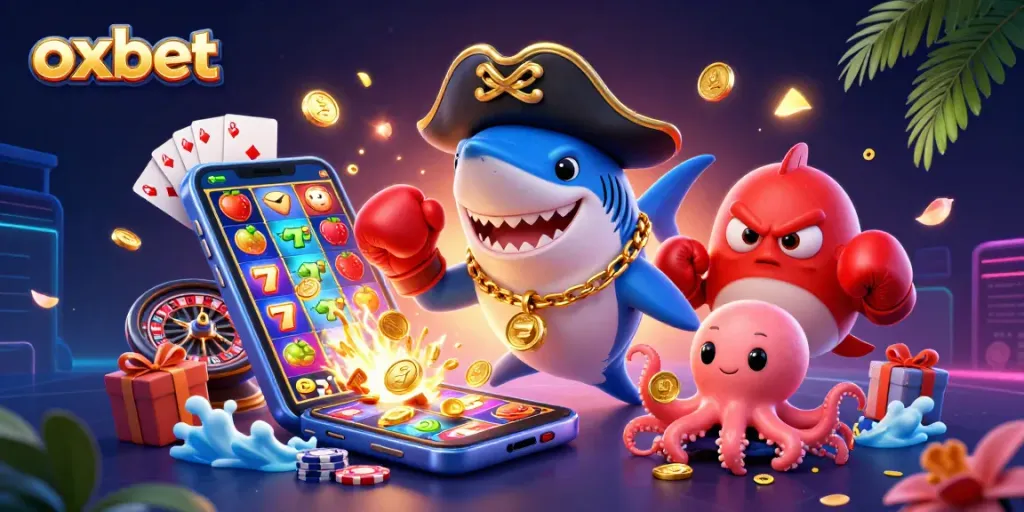 Experience thrilling gaming with oxbet's vibrant 3D illustration featuring colorful slot games and fun characters.
