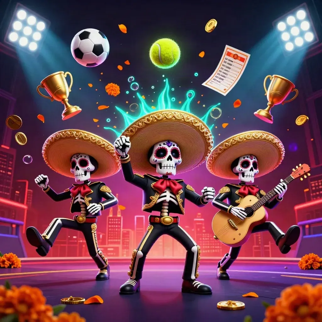 Skeleton mariachi trio in neon casino light with flying sports balls and gold coins
