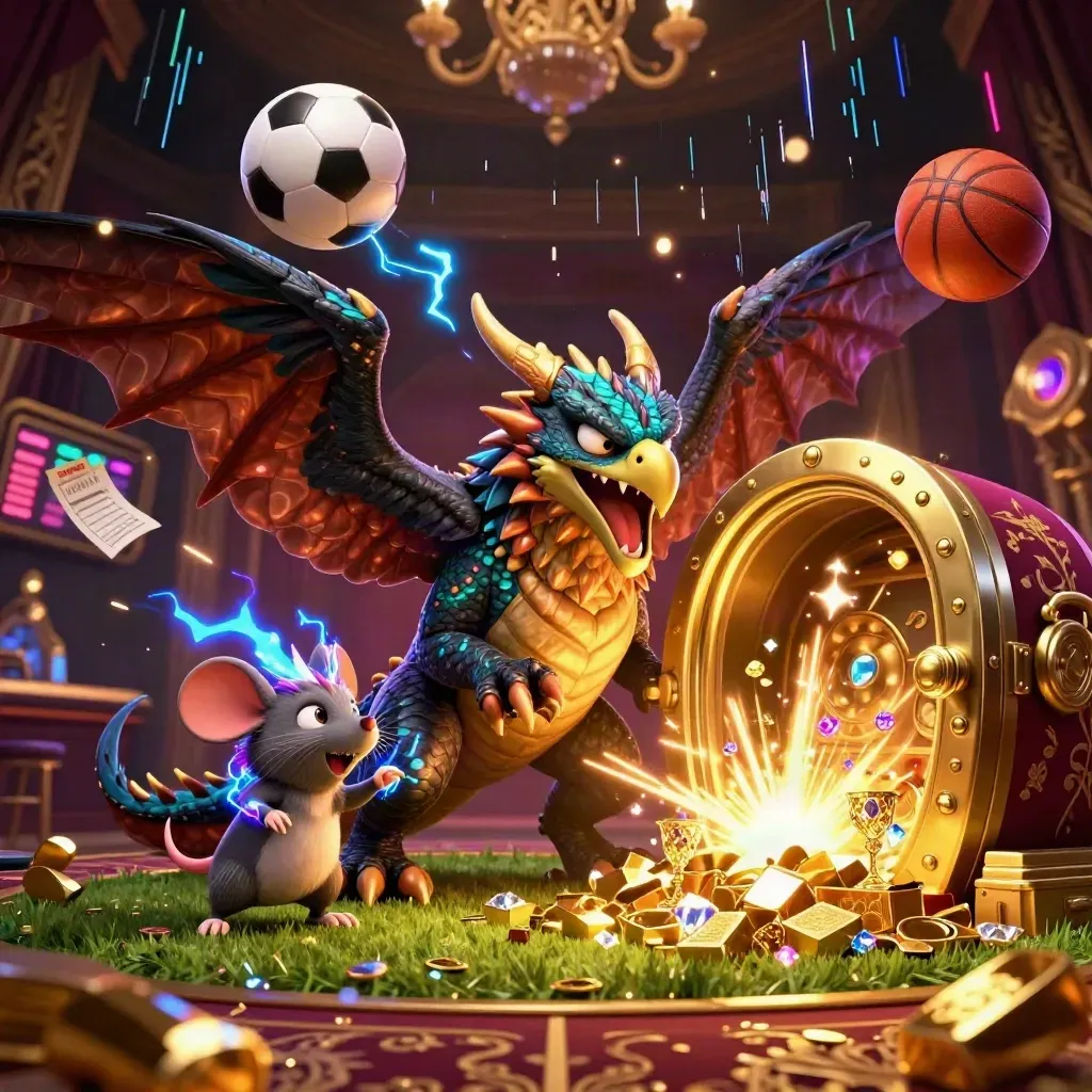 Thunder dragon, wind hawk, mouse, gold vault, balls and lightning on a dark luxe casino backdrop.