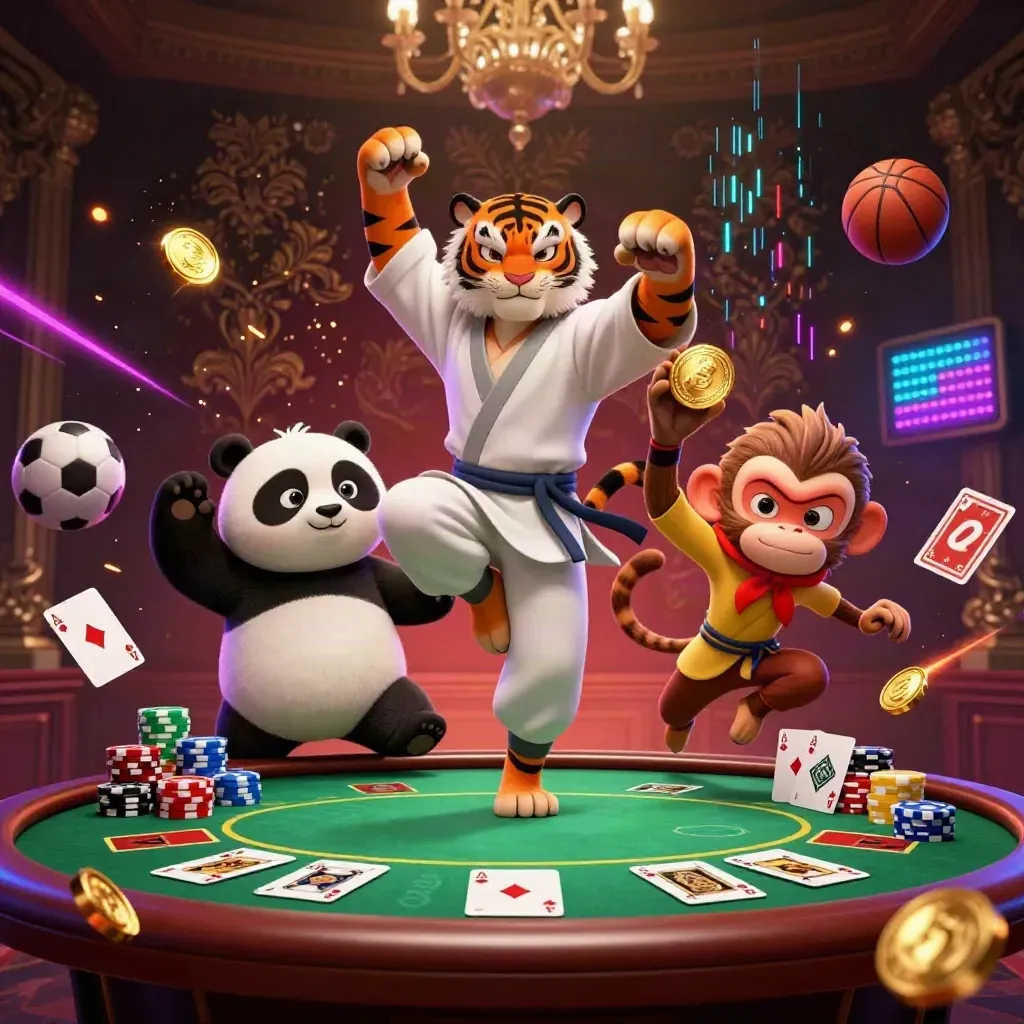 Kung-fu tiger, panda, and monkey amid casino gear, neon sparks, and gold luxe backdrop