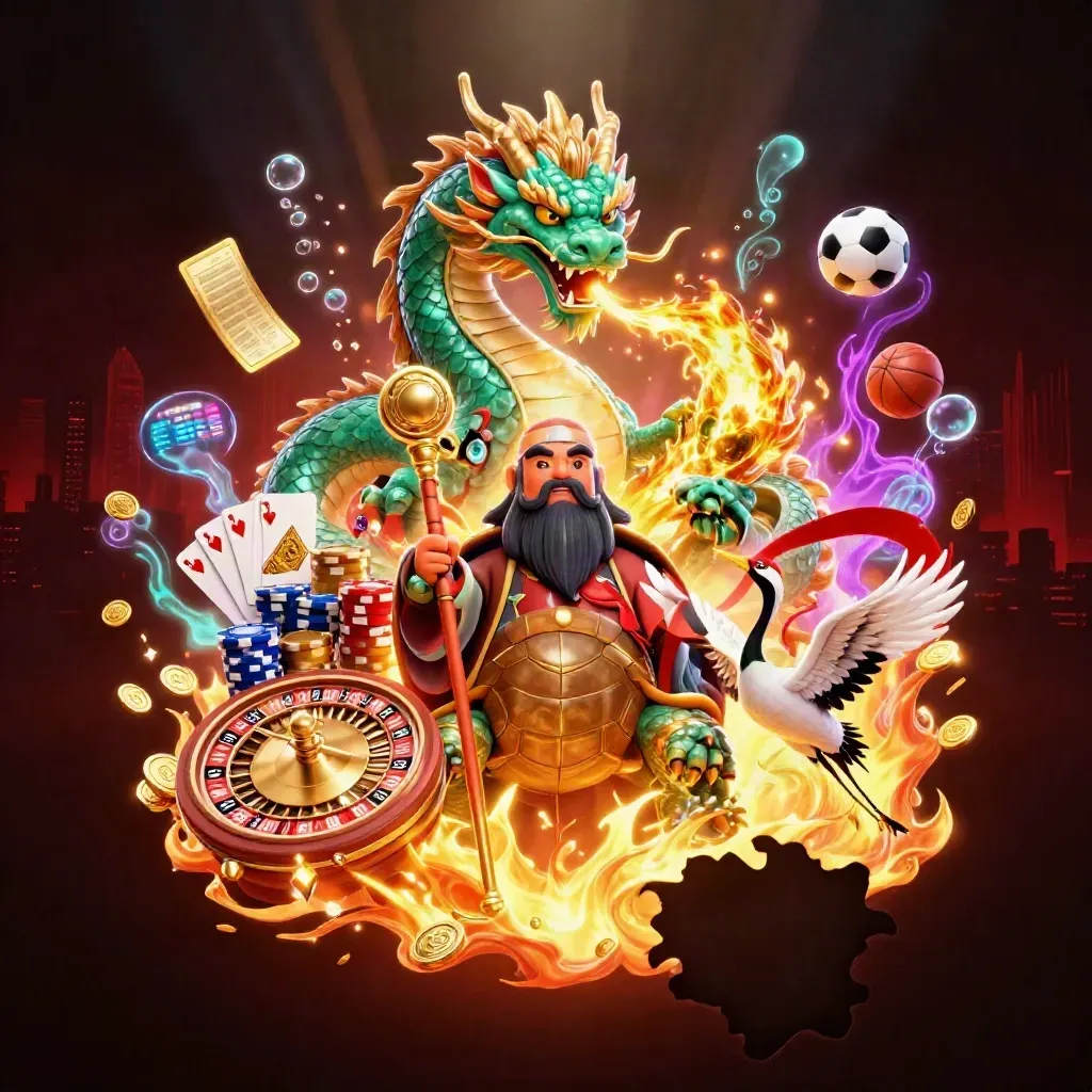Emerald dragon, turtle sage, cranes, coins, roulette wheel, and neon casino props in dramatic light