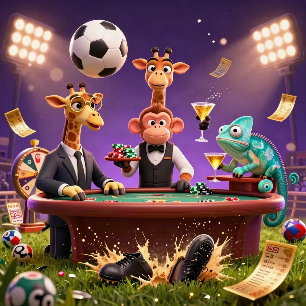 Exploding football action with casino mascots, gold lights, and flying turf in a luxe purple glow.